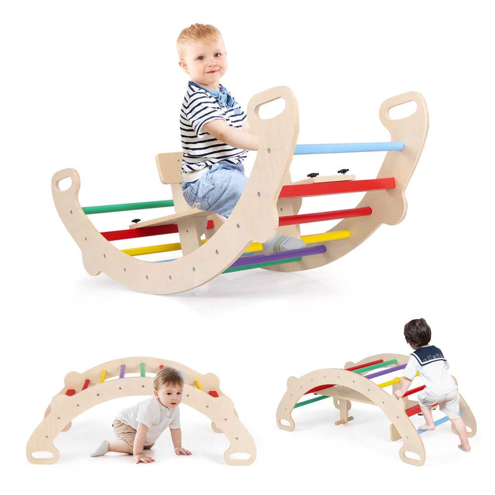 Multicolor 4-in-1 multifunctional wooden climbing toy featuring a rocker and crawling tunnel for safe play and.