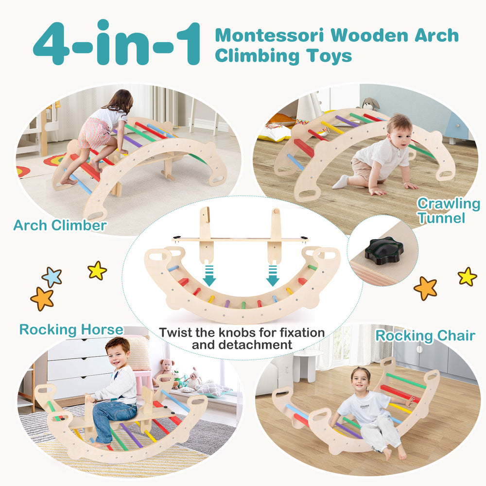 4-in-1 multifunctional wooden climbing toys in multicolor, featuring a rocker, crawling tunnel, and arch climber for.