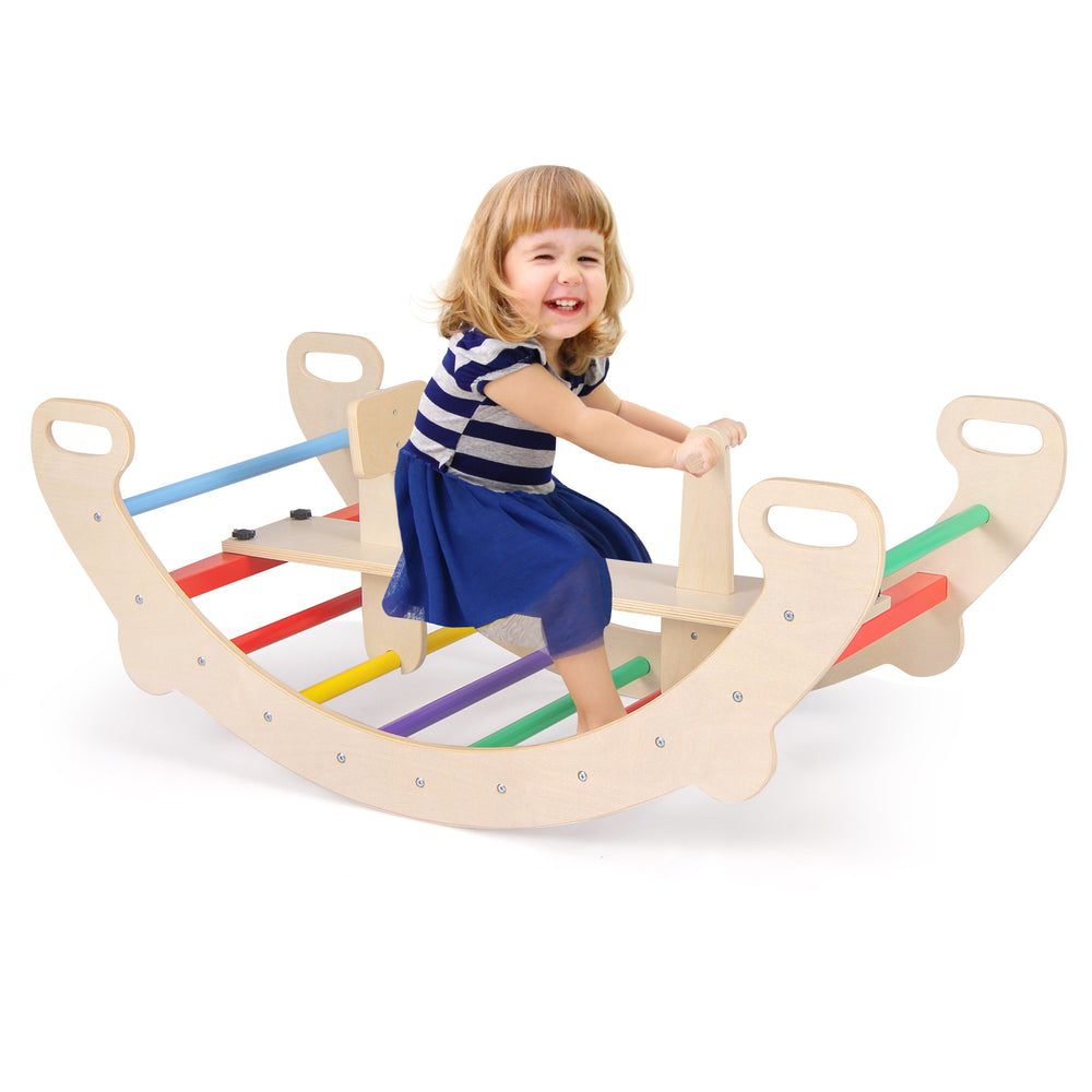 Multicolor 4-in-1 multifunctional wooden climbing toy with a rocker, designed for safe play and skill development.