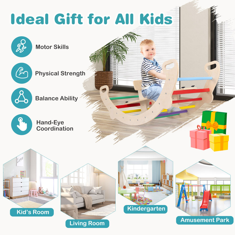 Multicolor 4-in-1 multifunctional wooden climbing toy with rocker and crawling tunnel for kids' playrooms and.