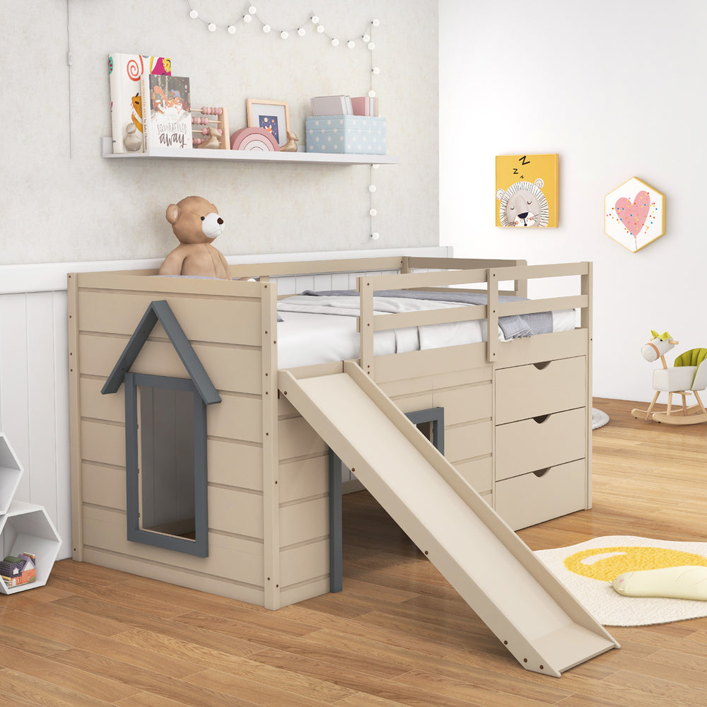 Twin loft bed in beige with slide, ladder, and drawers, designed for kids' safety and storage in a playful room setting.