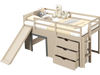 Twin loft bed in beige with slide, ladder, and drawers, made of solid wood for kids' storage and play space.