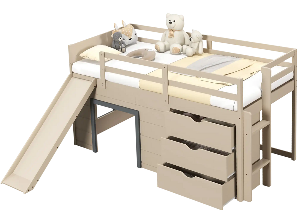 Twin loft bed in beige with slide, ladder, and drawers, made of solid wood for kids' storage and play space.