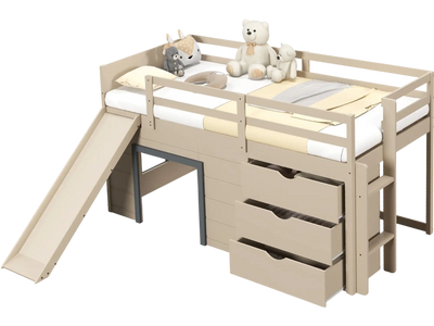 Costway Twin Loft Bed w/ Slide Ladder Drawers for Kids Teens 74651298 New
