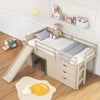 Beige 3-in-1 twin loft bed with slide, ladder, and drawers, designed for kids with protective handrails and ample.