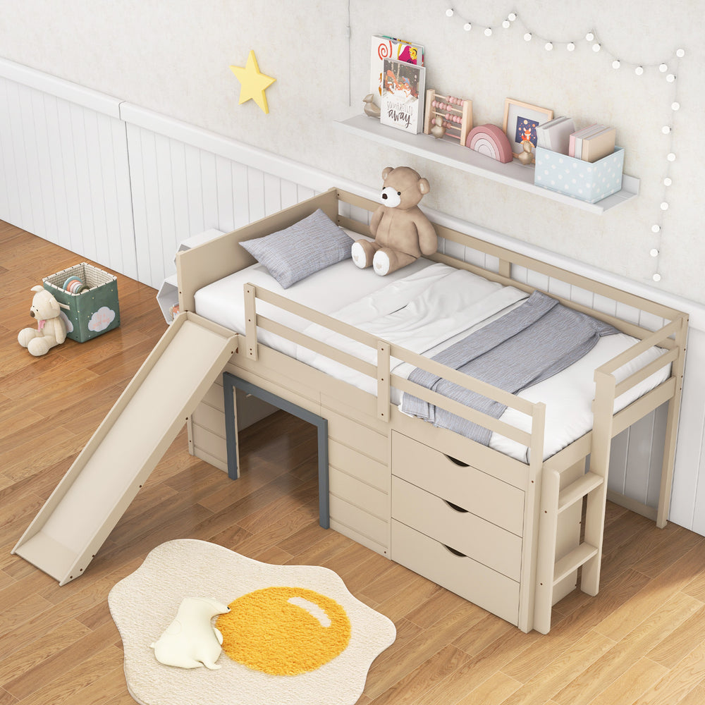 Beige 3-in-1 twin loft bed with slide, ladder, and drawers, designed for kids with protective handrails and ample.