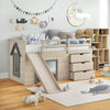 Beige 3-in-1 twin loft bed with slide, ladder, and drawers, designed for kids' rooms with ample storage and safety.