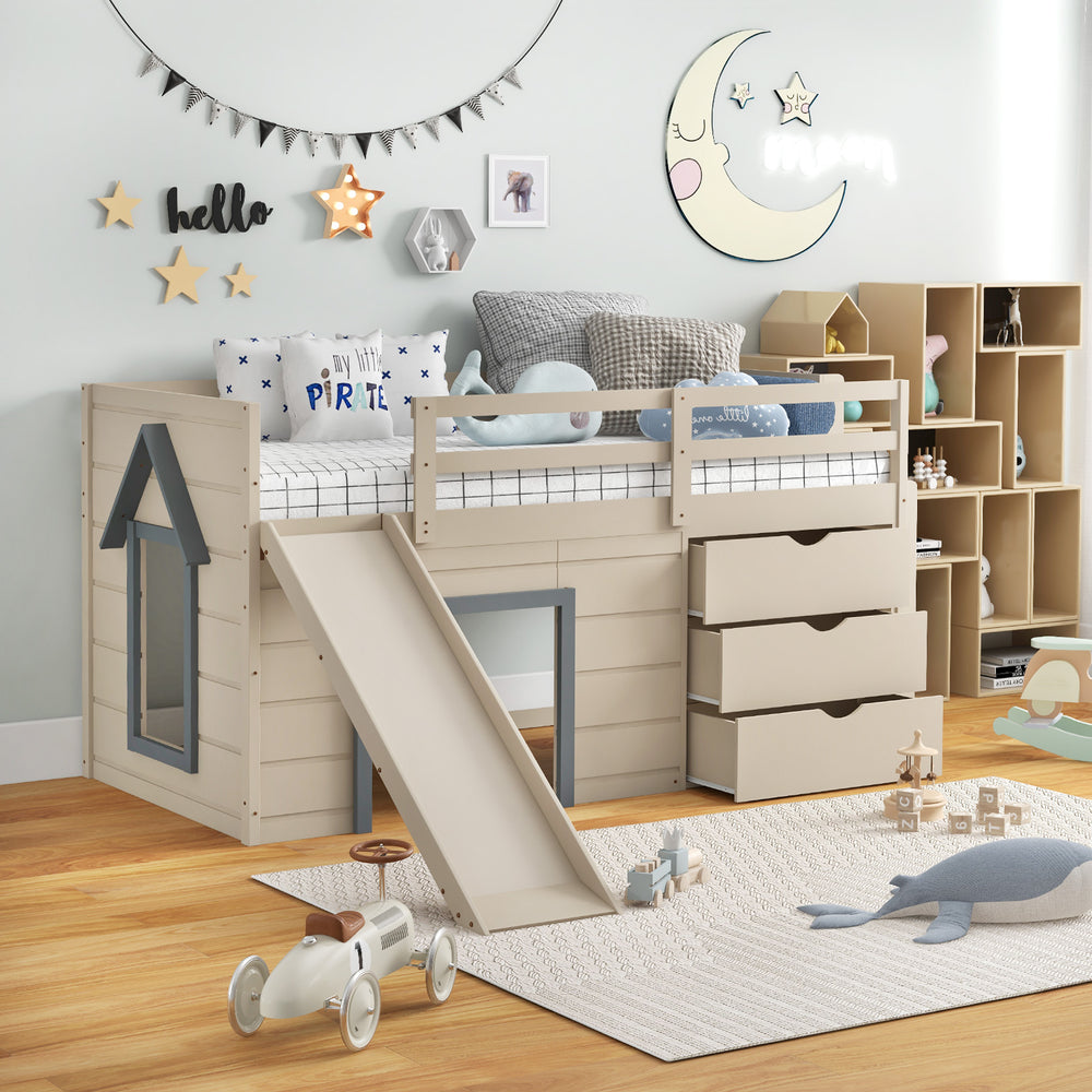 Beige 3-in-1 twin loft bed with slide, ladder, and drawers, designed for kids' rooms with ample storage and safety.