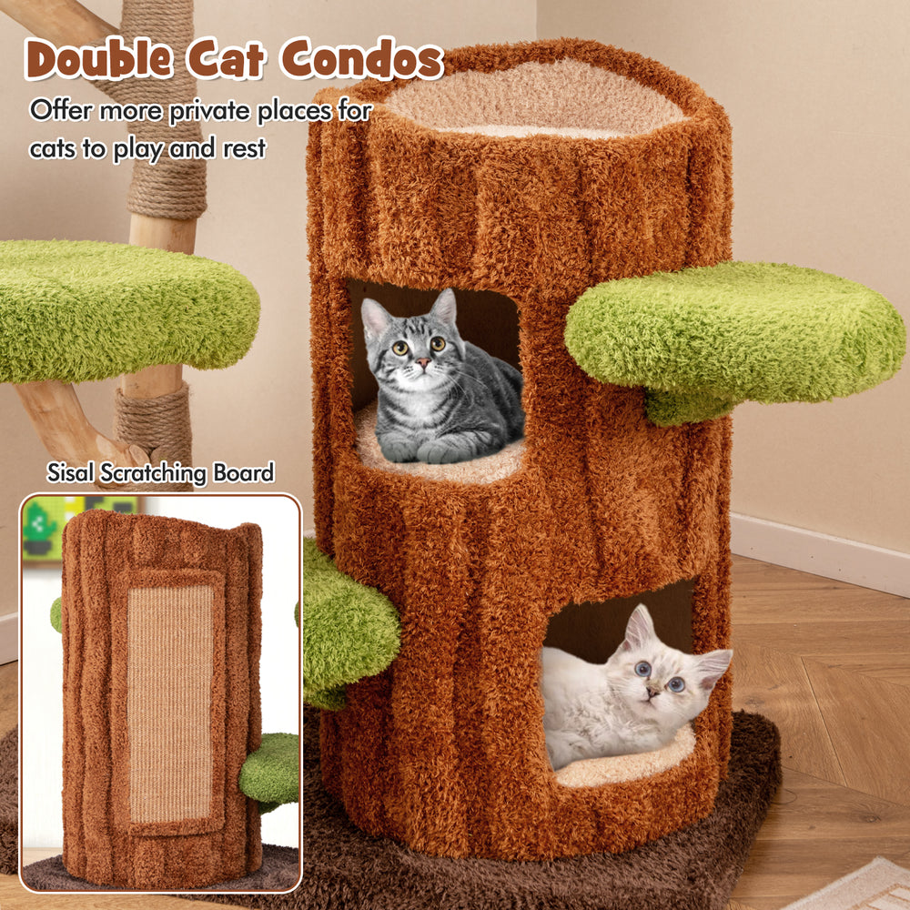Multi-level cat tree in brown with double decker house, sisal scratching panel, and wide top perch for lounging.