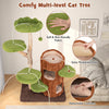 Multi-level cat tree in brown with double decker house, sisal panel, and soft cushions for exploration and relaxation.