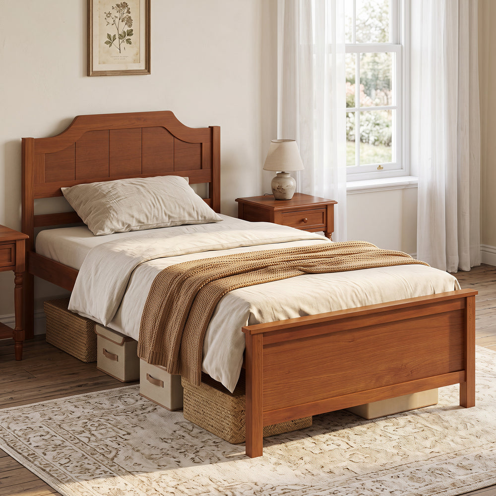Solid wood twin platform bed frame in walnut with headboard, featuring under-bed storage and sturdy plywood slats for support.