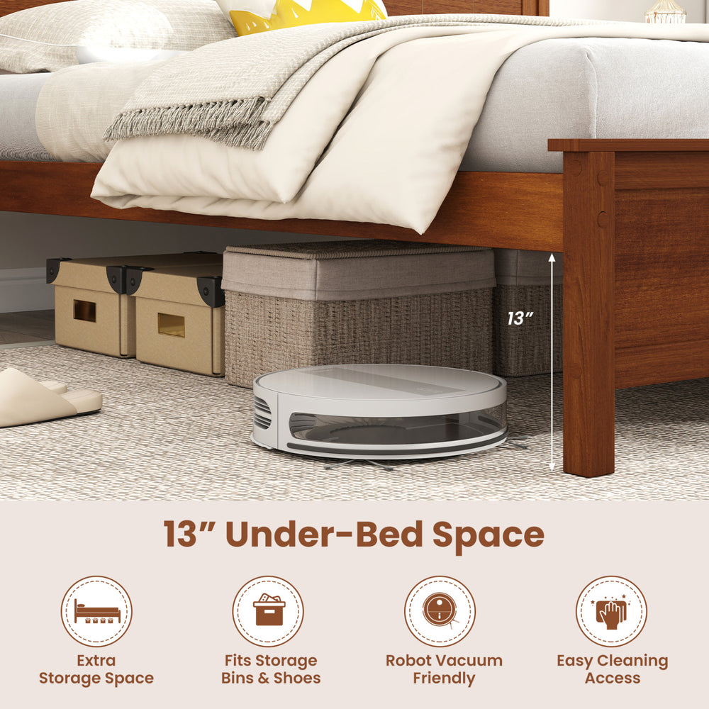 Solid wood platform bed frame in walnut with 13” under-bed space for extra storage and easy cleaning access.