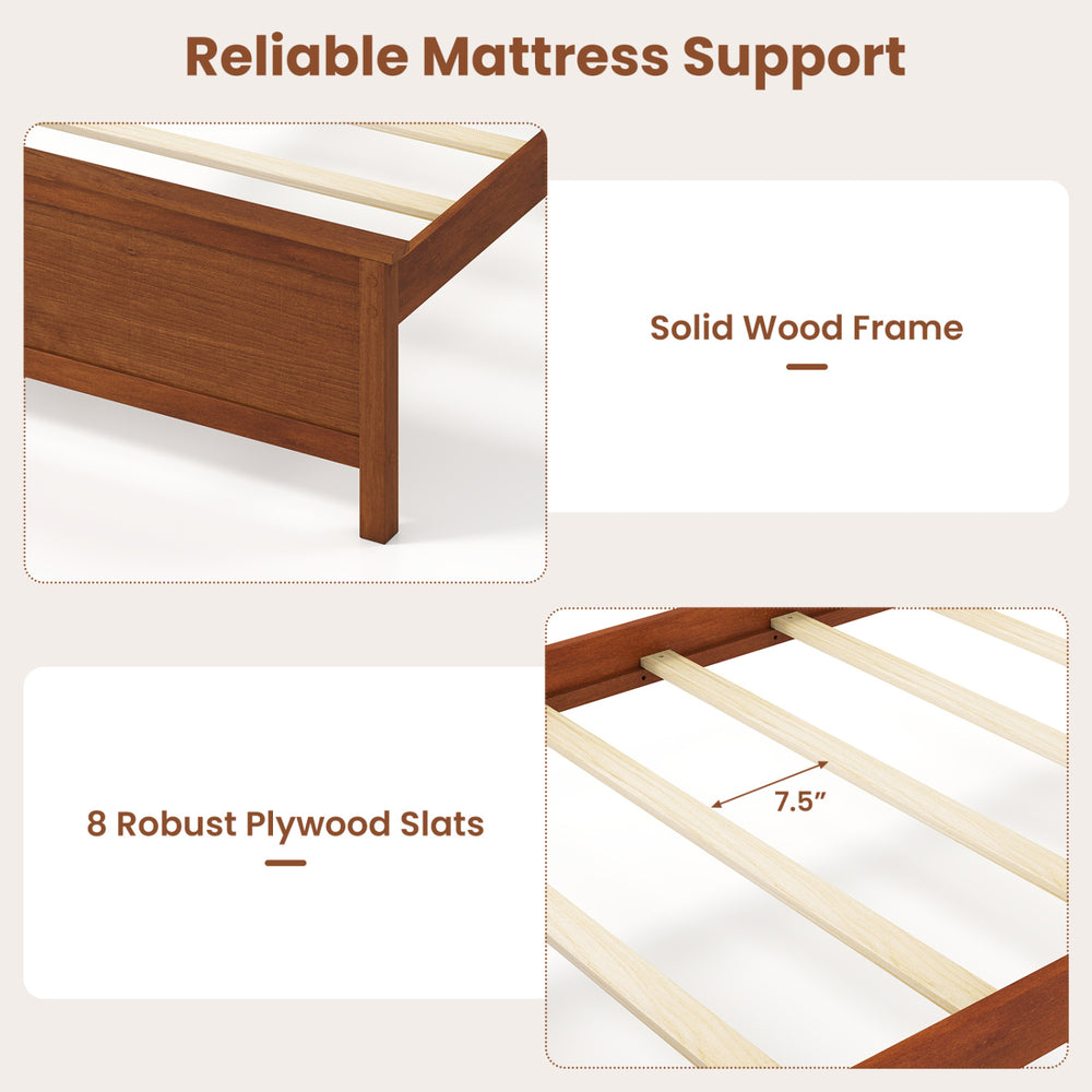 Solid wood platform bed frame in walnut with 8 plywood slats for sturdy mattress support and under-bed storage.