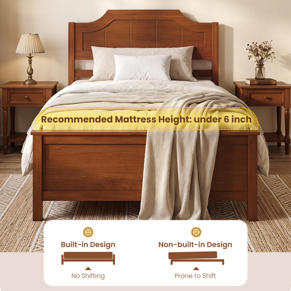 Solid wood platform bed frame in walnut with headboard, designed for stability and under-bed storage in twin size.