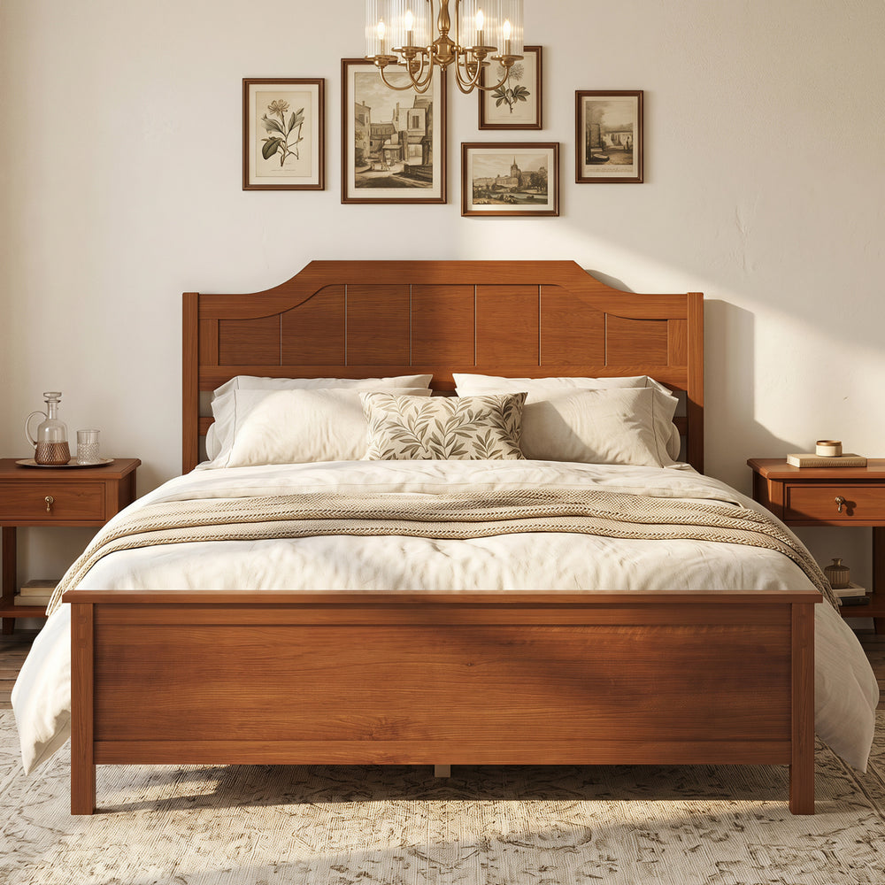 Multiple Size Solid Wood Platform Bed Frame with Headboard in Walnut-Full Size - Gallery View 1 of 11
