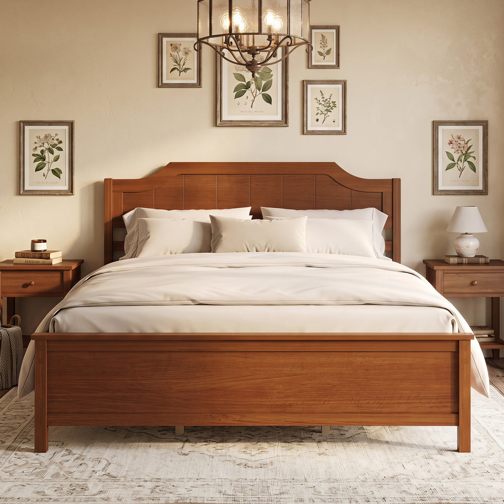 Multiple Size Solid Wood Platform Bed Frame with Headboard in Walnut-Queen Size - Gallery View 1 of 11