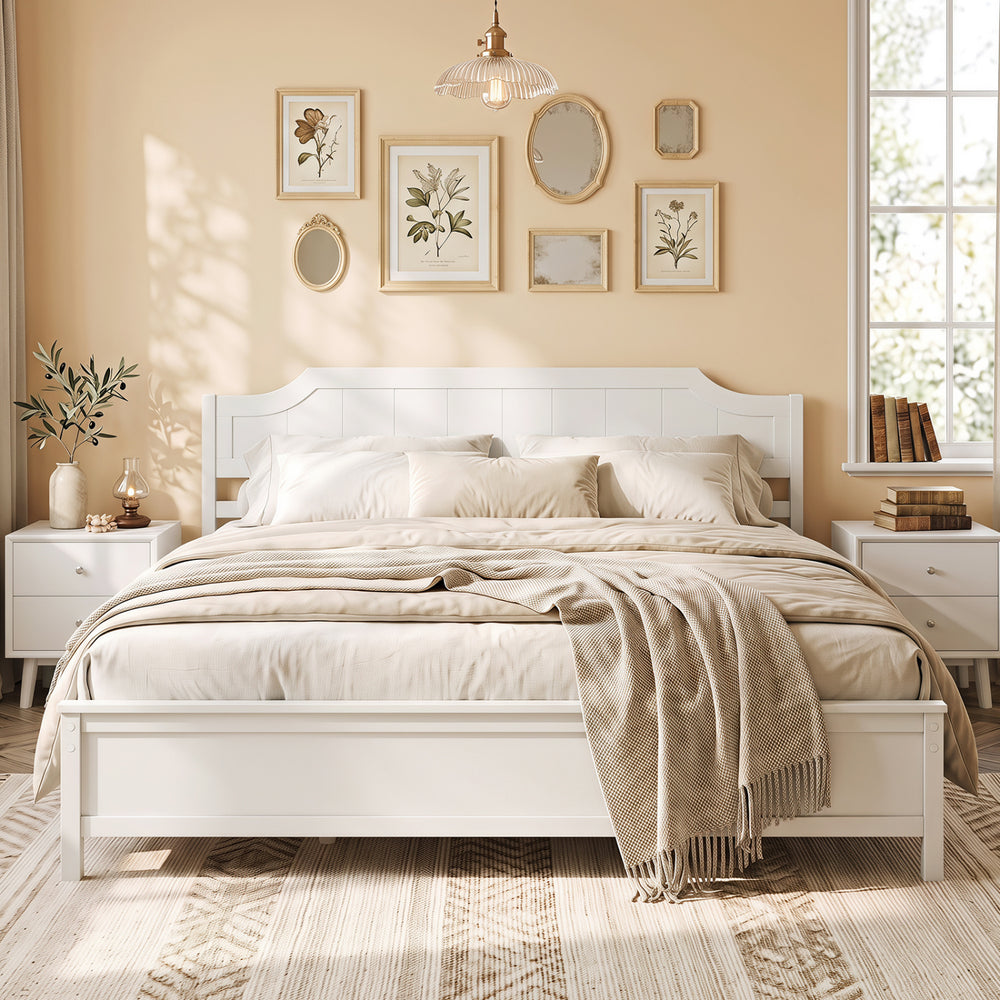 Multiple Size Solid Wood Platform Bed Frame with Headboard in White-King Size - Gallery View 1 of 11