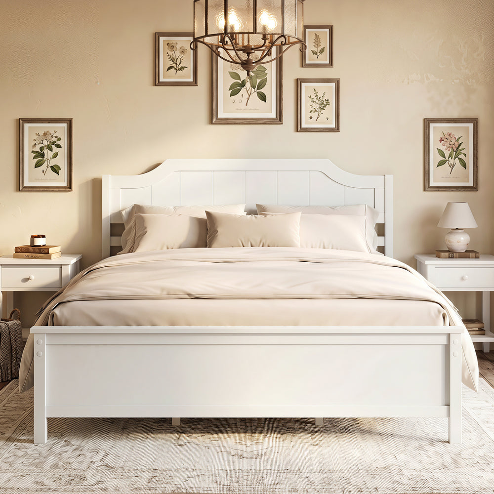 Multiple Size Solid Wood Platform Bed Frame with Headboard in White-Queen Size - Gallery View 1 of 11