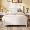 Solid wood platform bed frame in white with a sturdy headboard, designed for twin size and enhanced stability.