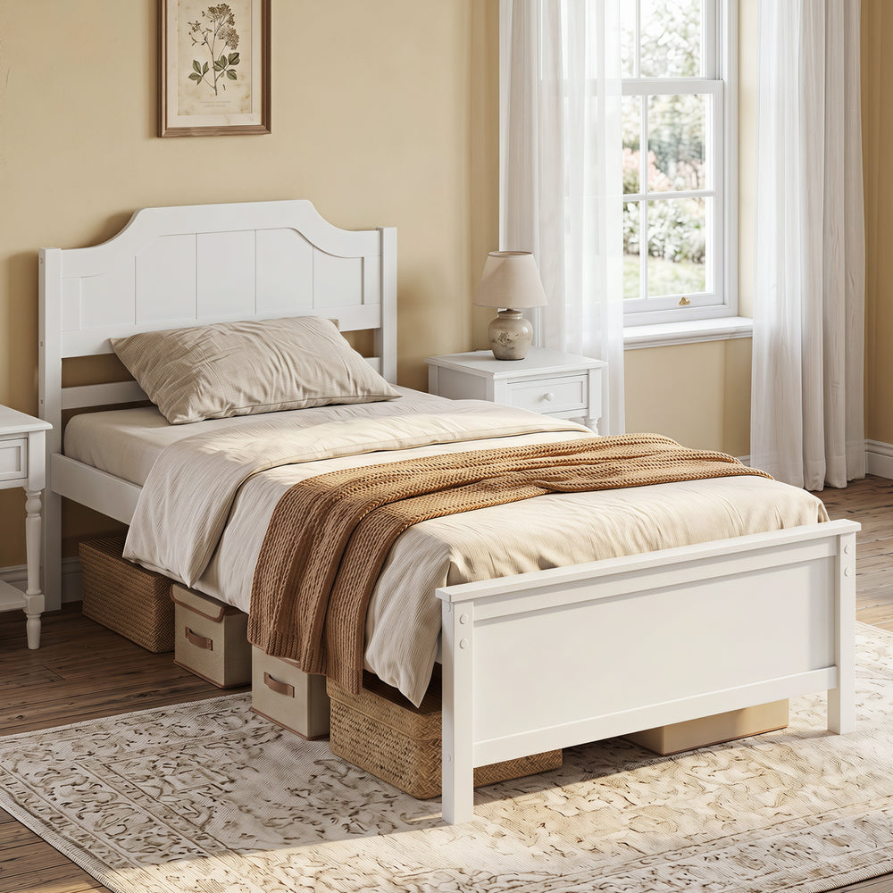 Solid wood twin platform bed frame in white with headboard and under-bed storage for enhanced stability and comfort.