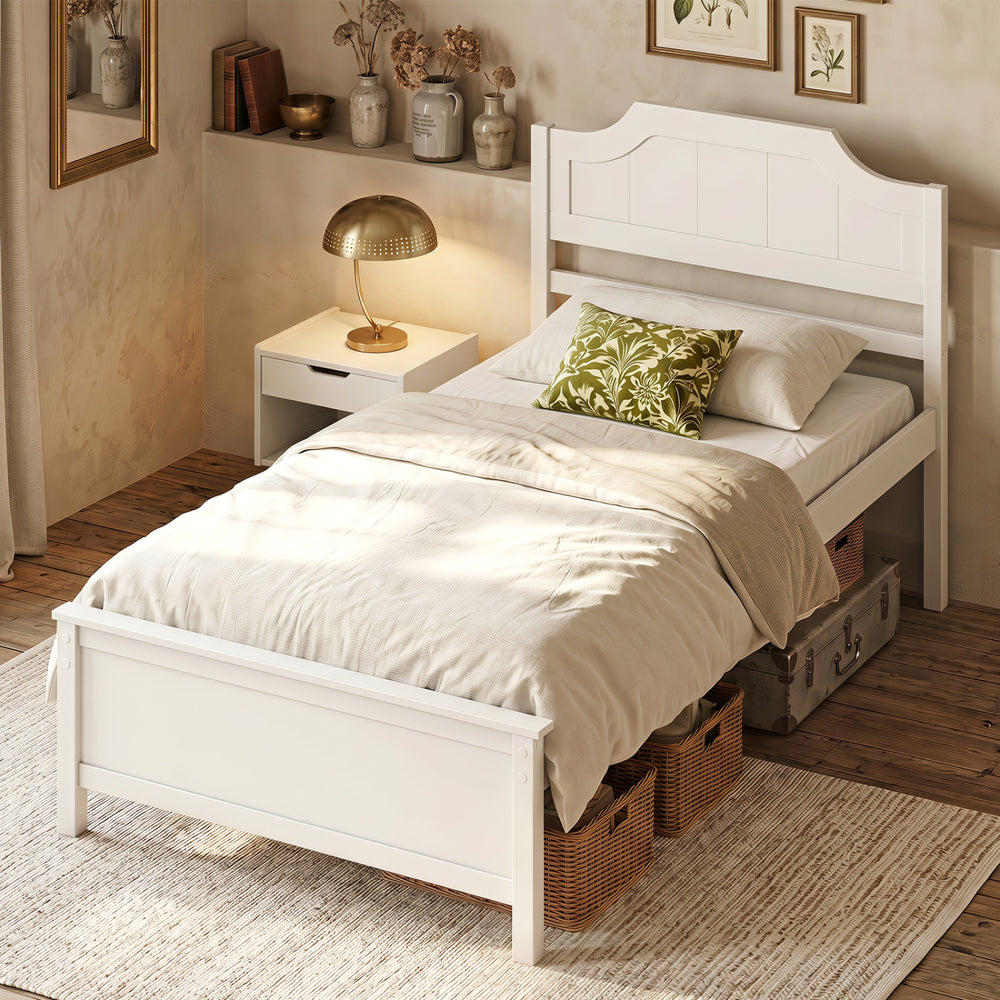 Solid wood twin platform bed frame in white with headboard, featuring under-bed storage for added convenience.