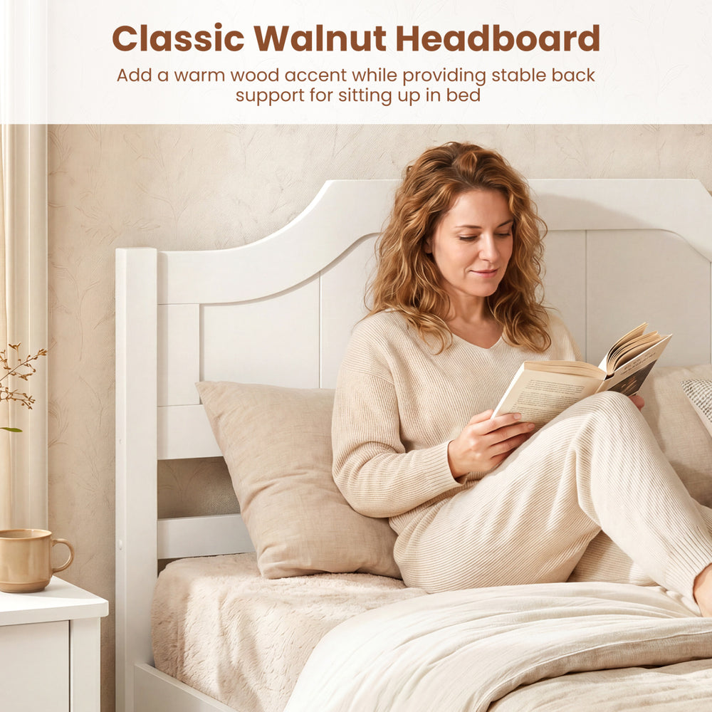 Solid wood platform bed frame with classic walnut headboard, providing sturdy back support for comfortable reading in bed.