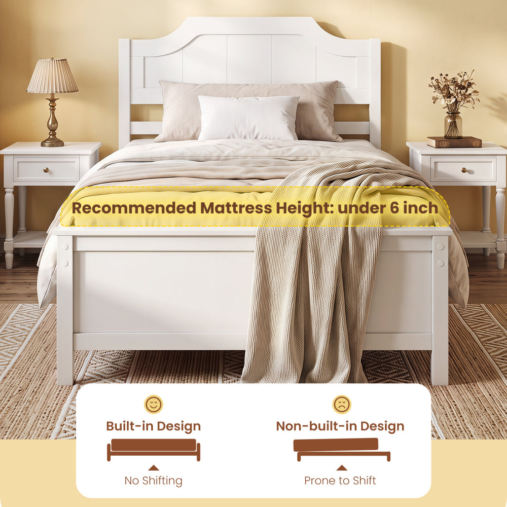 Solid wood platform bed frame in white with headboard, designed for twin size mattresses under 6 inches, offers stability and storage.
