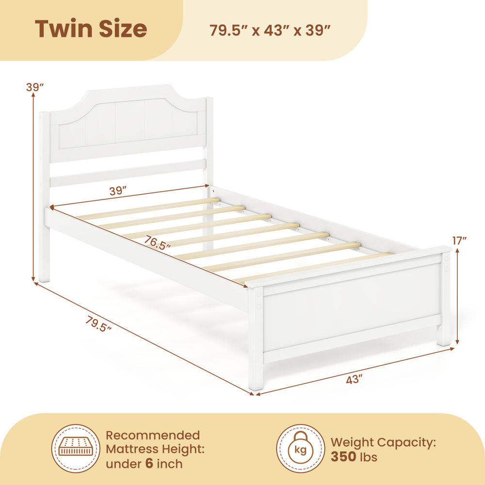 Twin size solid wood platform bed frame in white with sturdy headboard and 8 plywood slats for even mattress support.