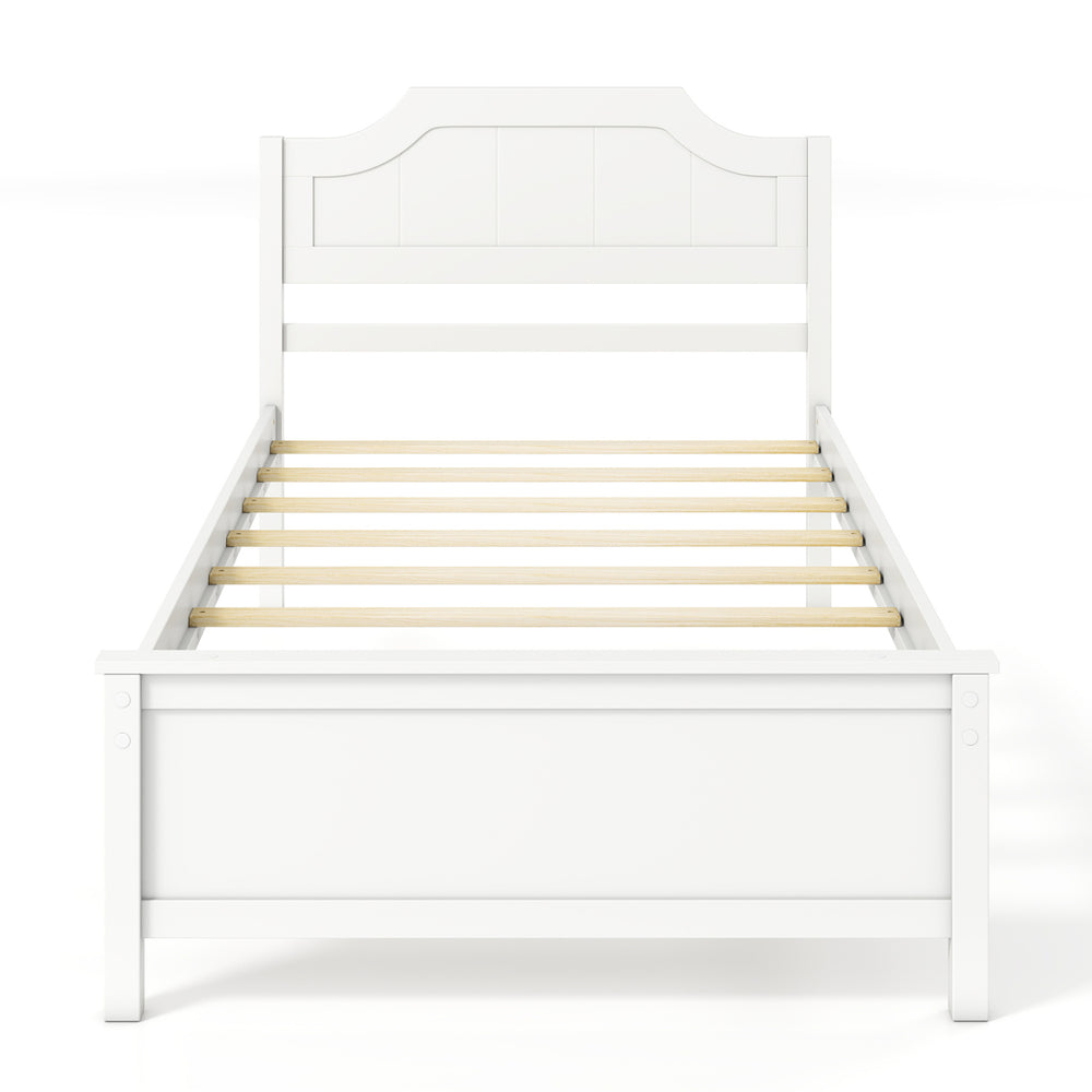 Twin size solid wood platform bed frame in white with sturdy headboard and plywood slats for enhanced mattress support.
