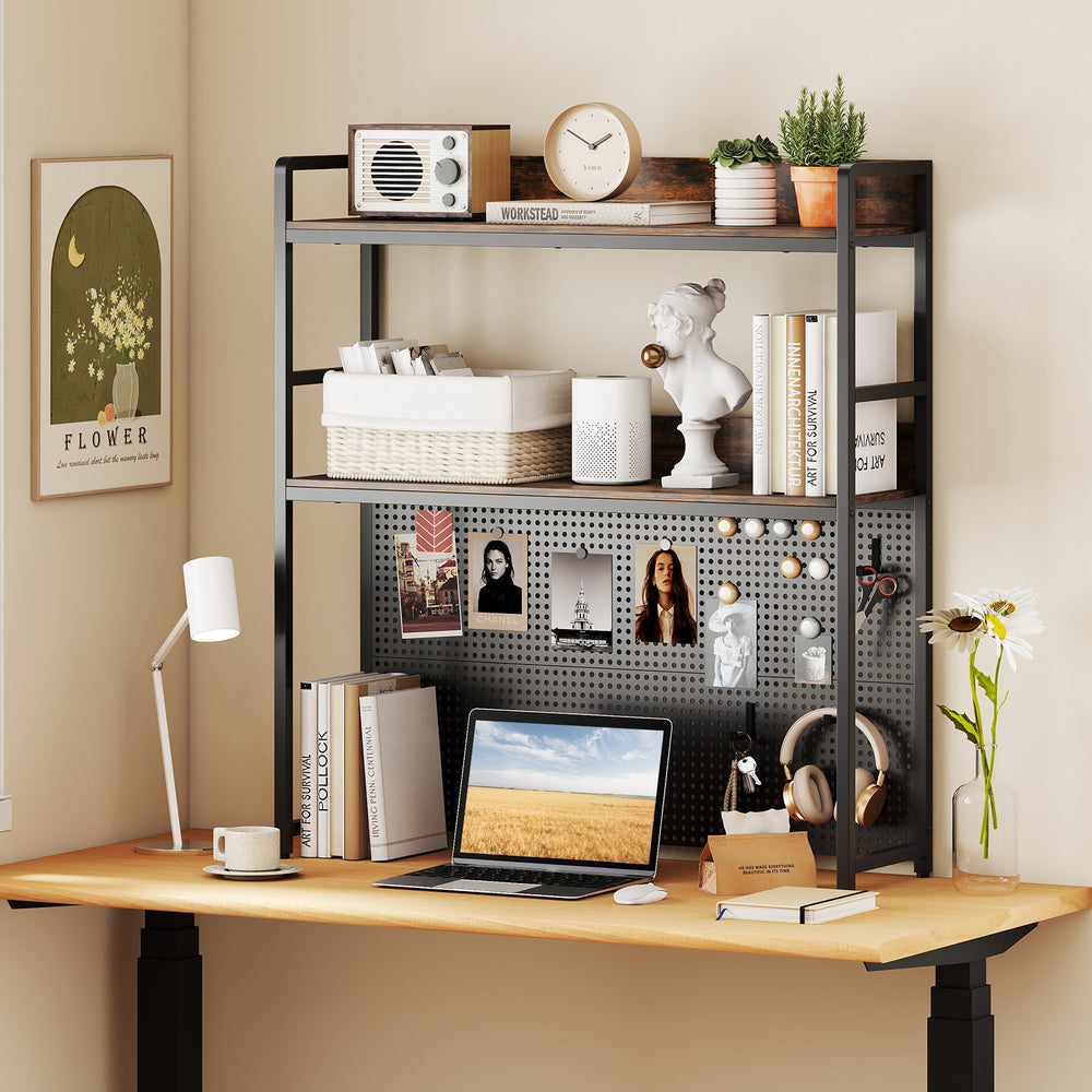 2-tier desktop bookshelf with pegboard in rustic brown, designed for monitors up to 32", maximizing vertical storage.