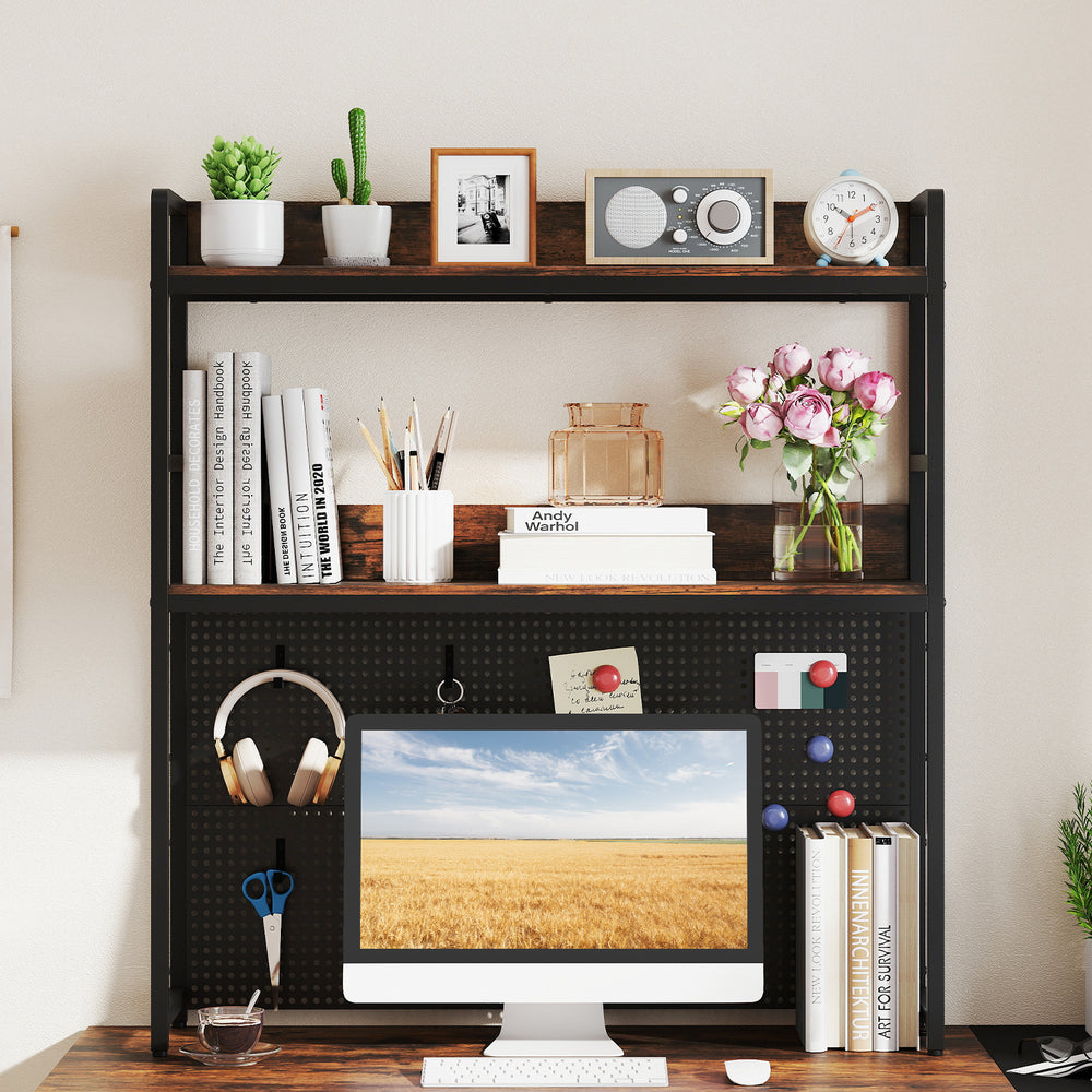 Multipurpose 2-tier desktop bookshelf in rustic brown with pegboard, designed for monitors up to 32 inches and clever.