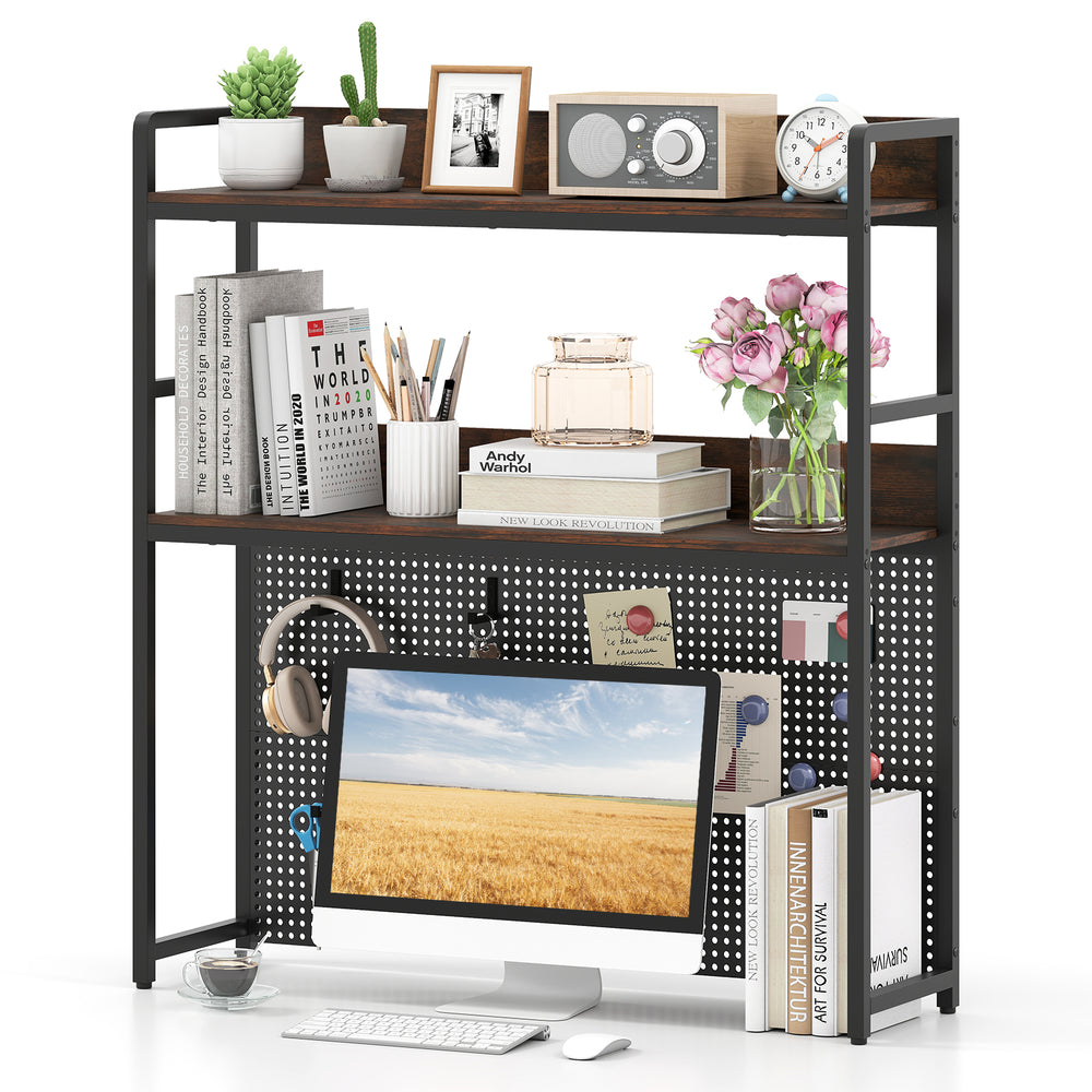 2-tier rustic brown desktop bookshelf with pegboard, designed for monitors up to 32 inches, ideal for workspace.