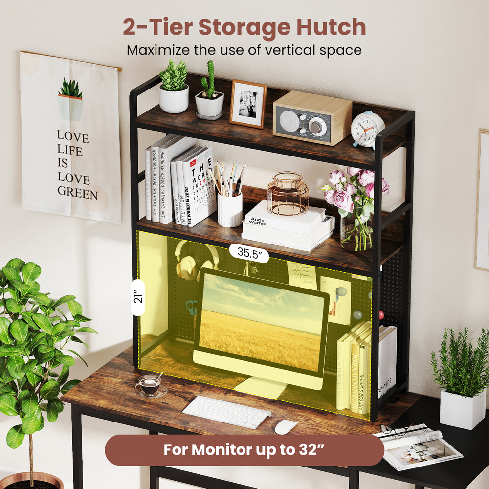 2-tier desktop bookshelf in rustic brown for up to 32" monitor, featuring a pegboard for versatile workspace.