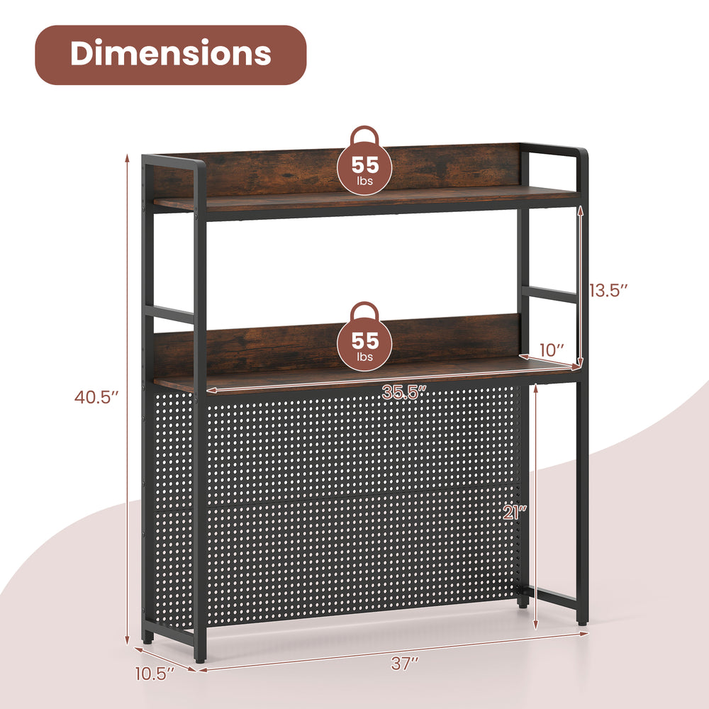 Multipurpose 2-tier desktop bookshelf in rustic brown with pegboard, designed for monitors up to 32 inches, dimensions.