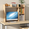 3-tier multipurpose desk bookshelf in natural wood with monitor space, featuring shelves for organization and safety.