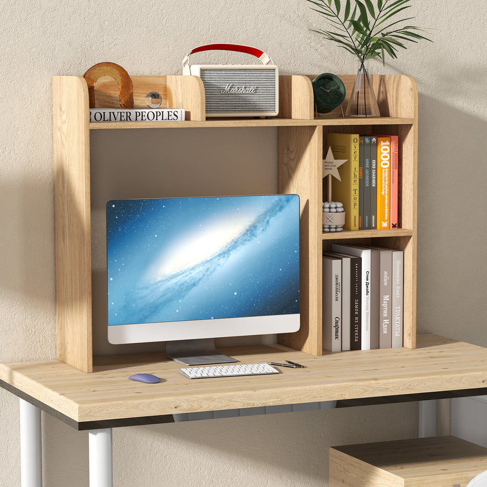3-tier multipurpose desk bookshelf in natural wood with monitor space, featuring shelves for organization and safety.