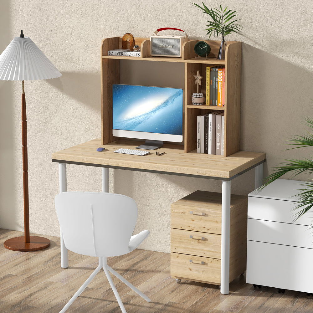 3-tier multipurpose desk bookshelf in natural finish with computer monitor, shelves, and storage drawers for organized.