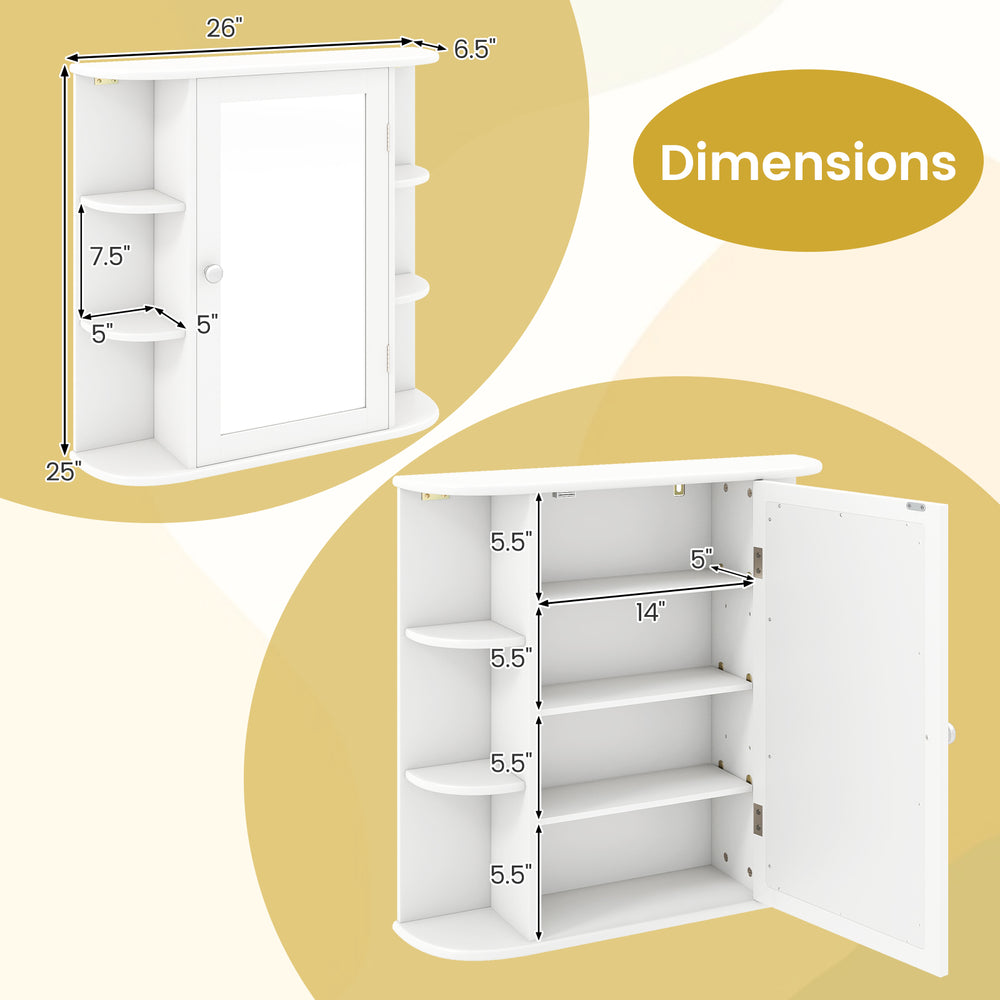 Dimensions of the white multipurpose wall-mounted bathroom storage cabinet with mirror, featuring 6 open racks and 4.
