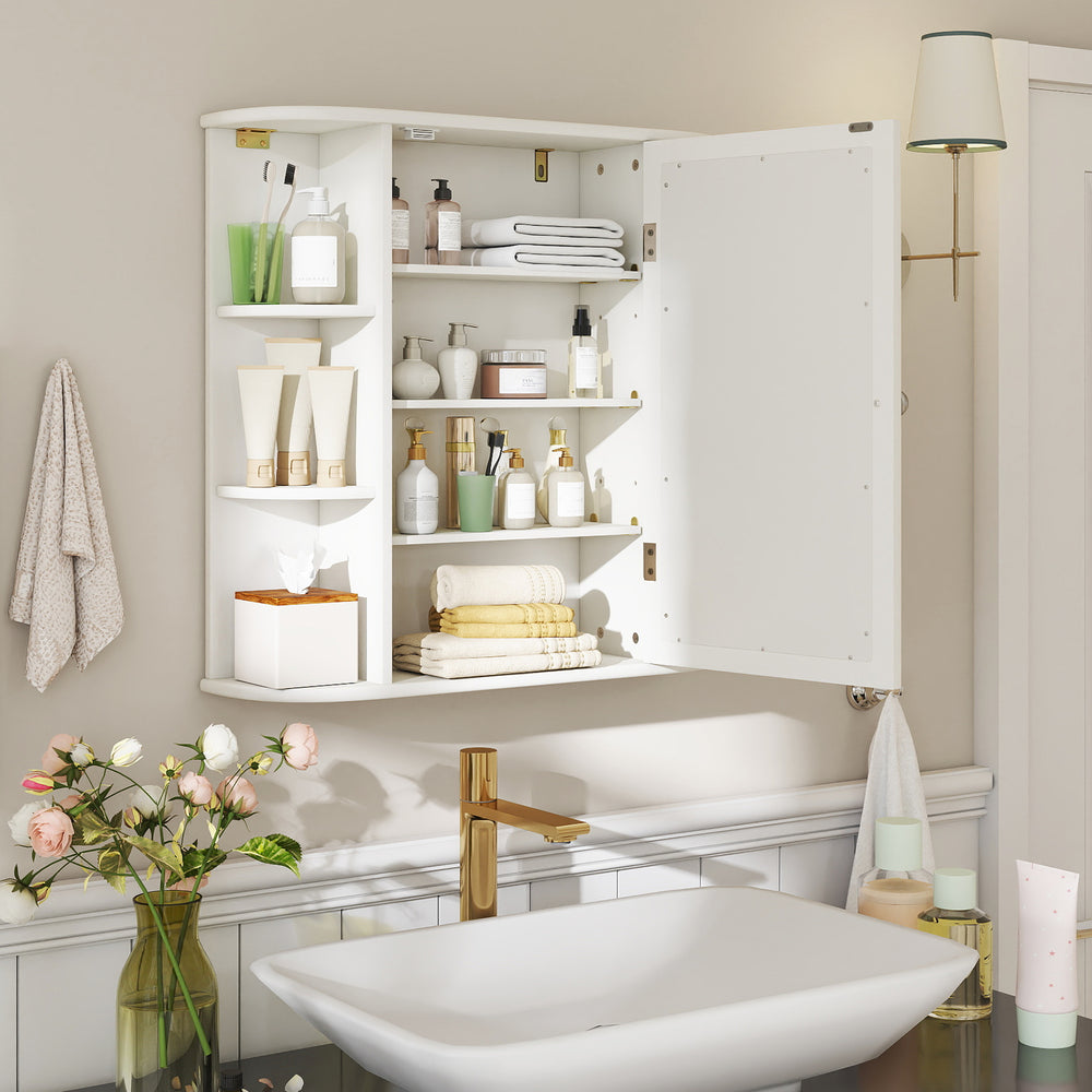 Wall-mounted white bathroom storage cabinet with mirror, featuring 6 open racks and 4 inner shelves for organized.