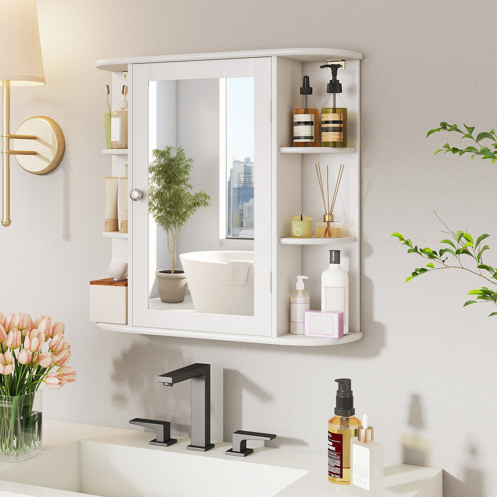 Wall-mounted white mirror cabinet with 6 open shelves and 4 inner shelves for organized bathroom storage.