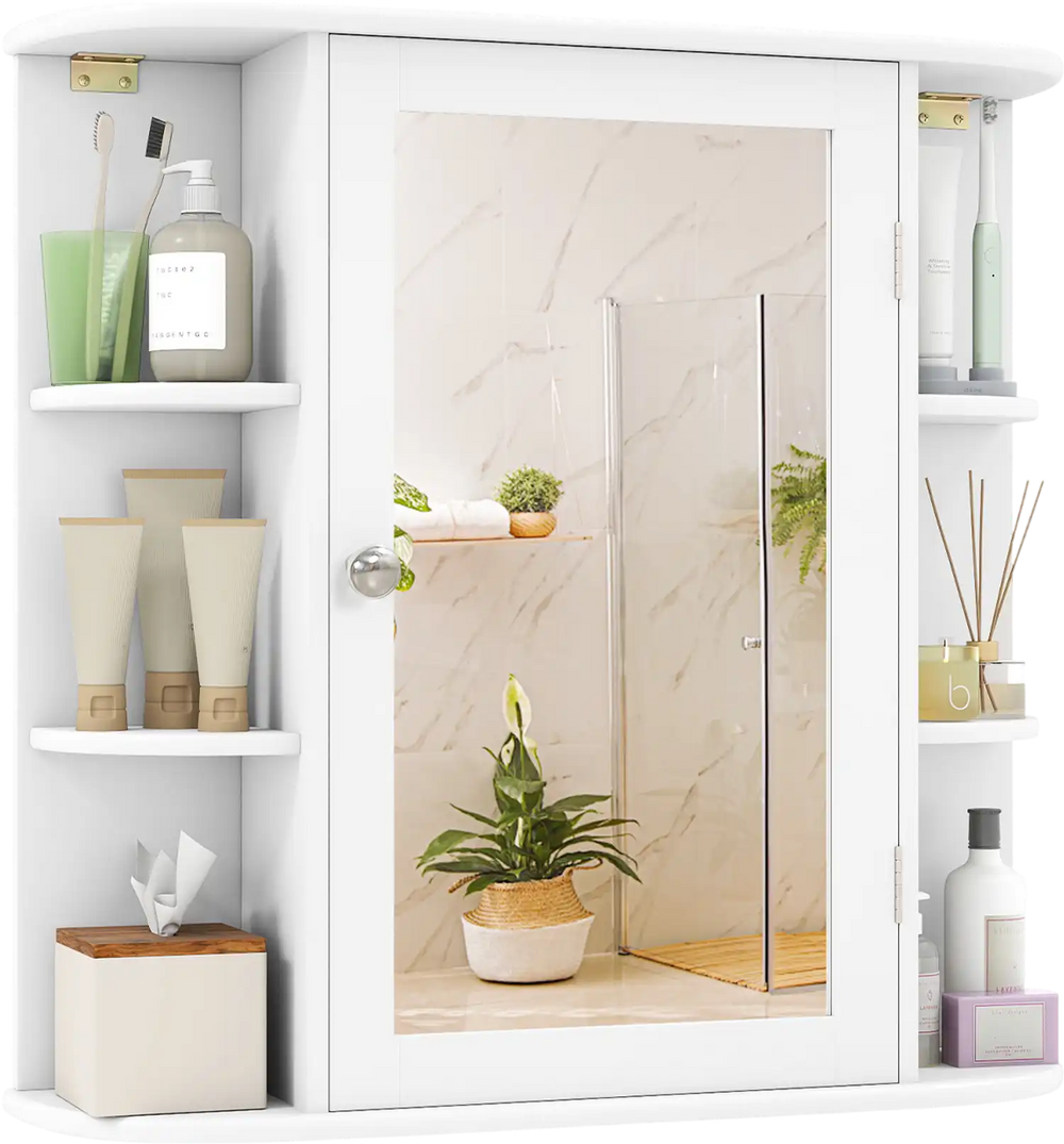 Wall-mounted white bathroom storage cabinet with mirror, featuring 6 open racks and 4 adjustable inner shelves for.