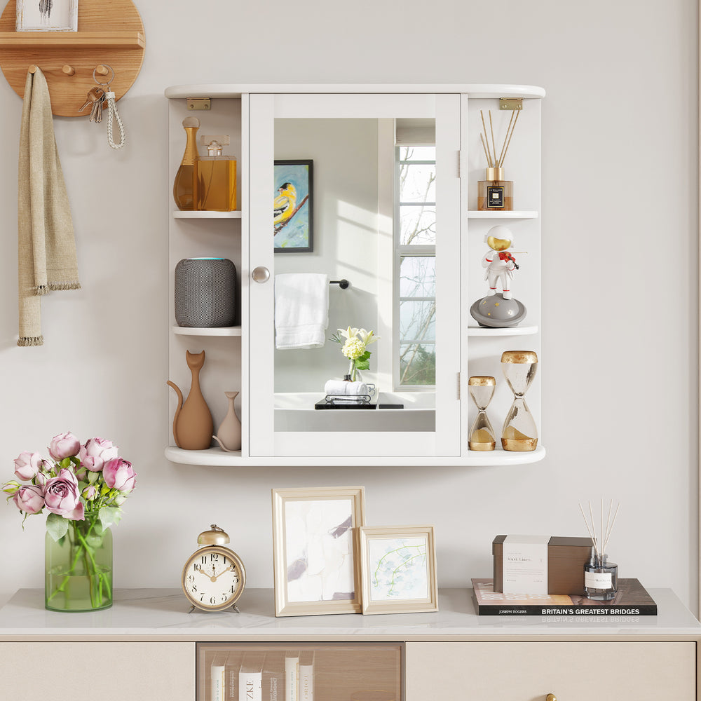 Side view of the white wall-mounted bathroom storage cabinet with mirror, showcasing its elegant design and ample.