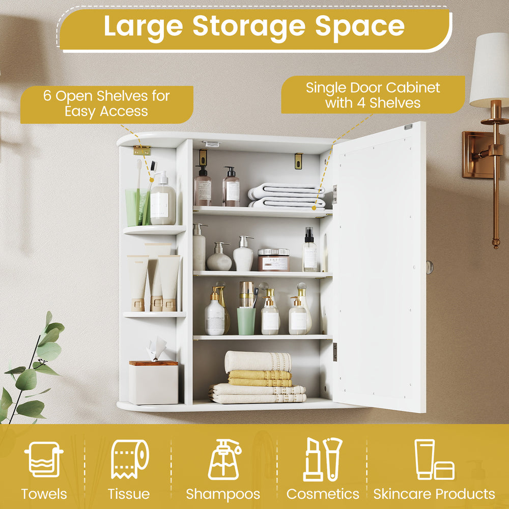 Wall-mounted white storage cabinet with mirror, featuring 6 open shelves and 4 inner shelves for organized bathroom.
