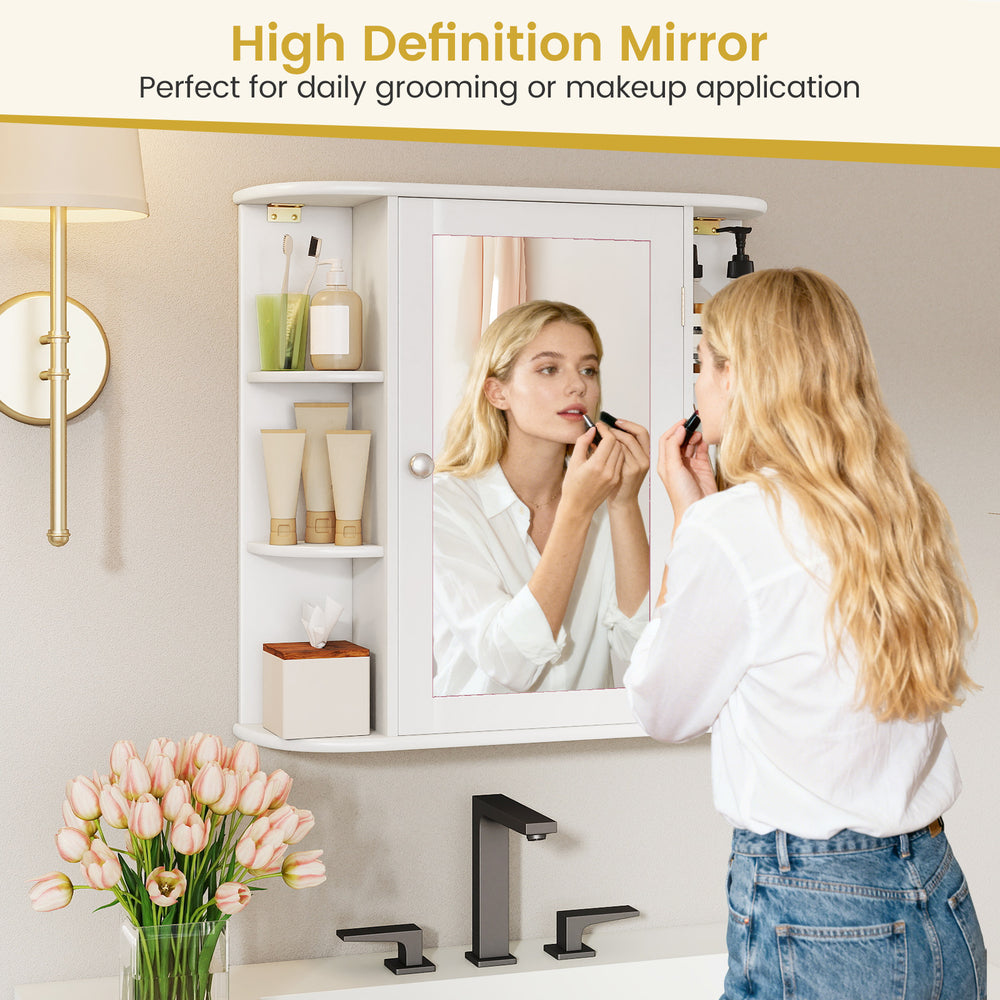 Wall-mounted white bathroom storage cabinet with built-in mirror, featuring 6 open racks and 4 inner shelves for.