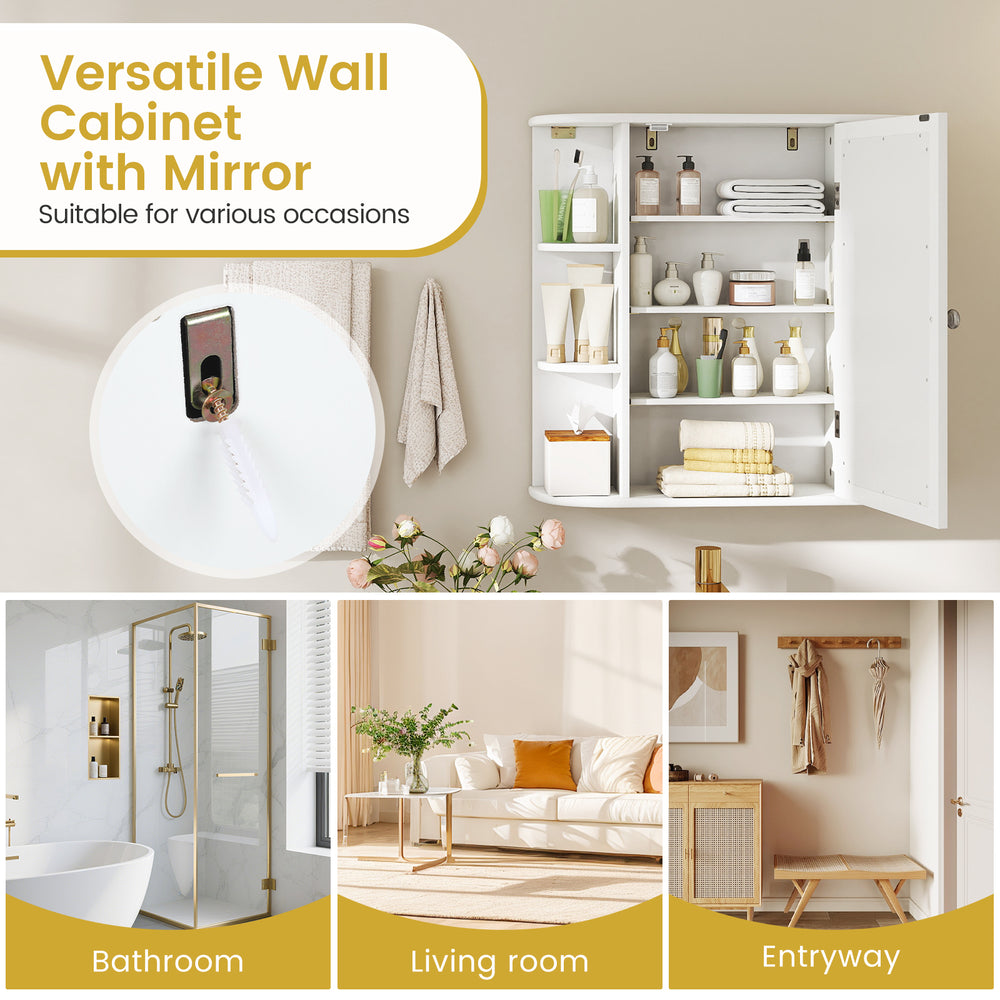 Wall-mounted white storage cabinet with mirror, featuring 6 open racks and 4 shelves for versatile organization in any.