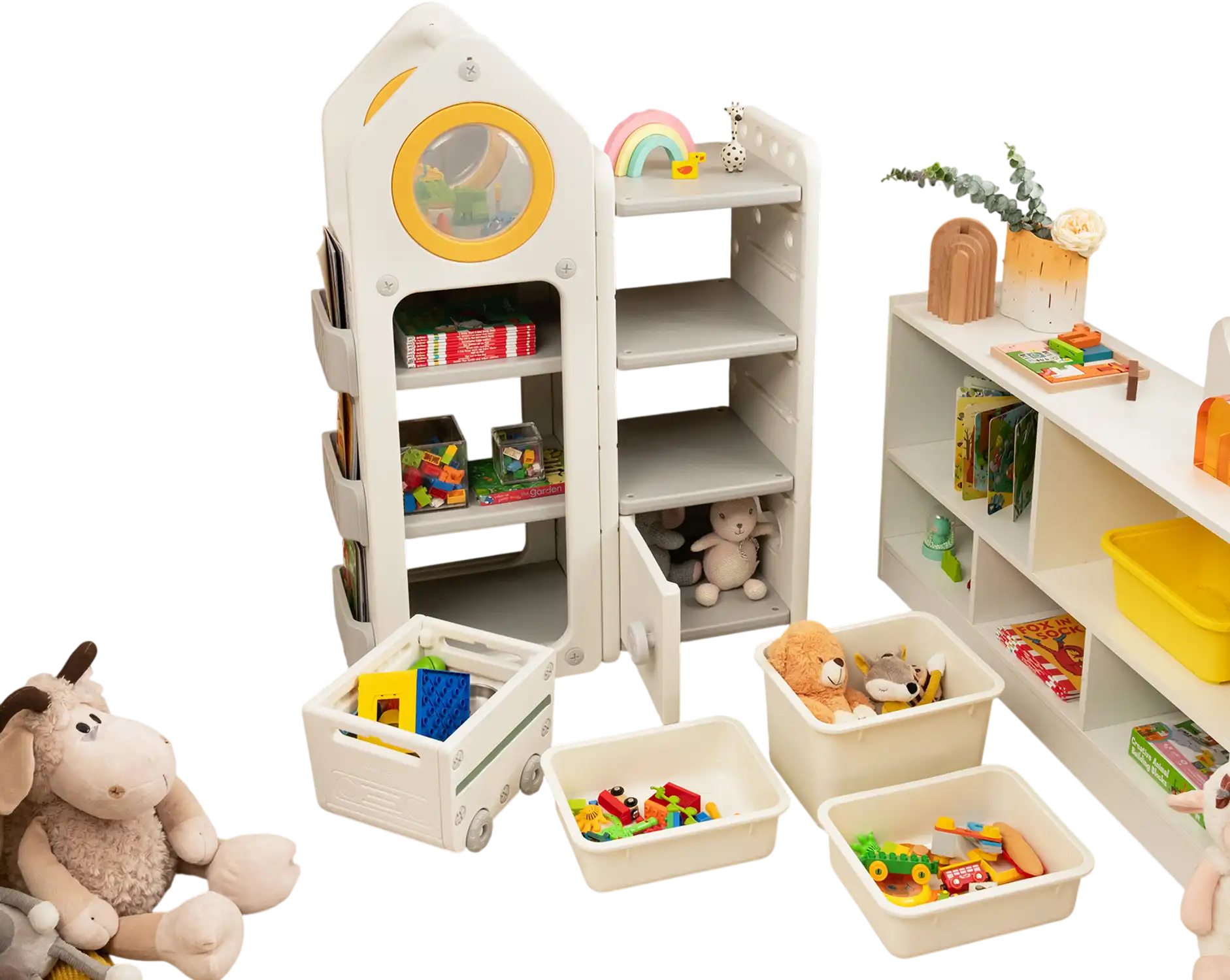 Costway Kids Toy Chest Bookshelf Mobile Trolley Gray 46719523 New