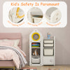 Multipurpose gray toy chest and bookshelf with mobile trolley, featuring rounded corners and anti-toppling device for.