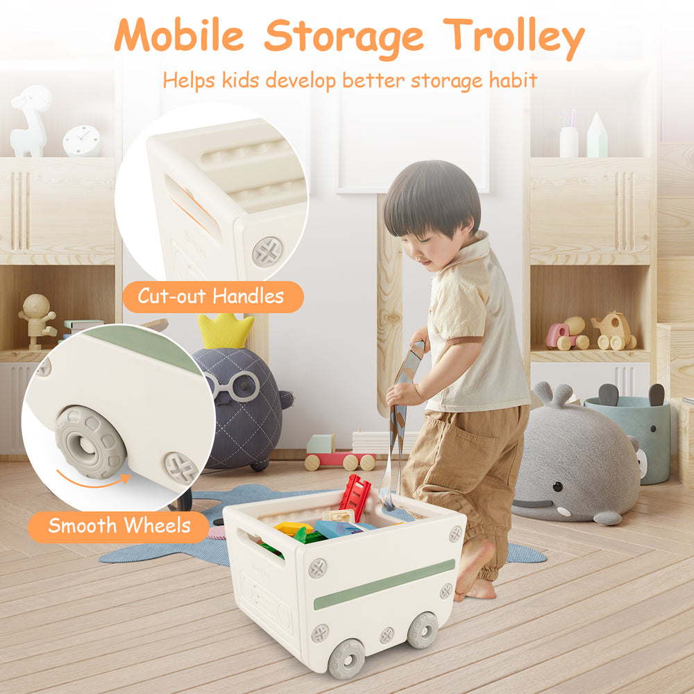 Mobile storage trolley in gray with smooth wheels and cut-out handles, ideal for kids' organization in the bedroom.
