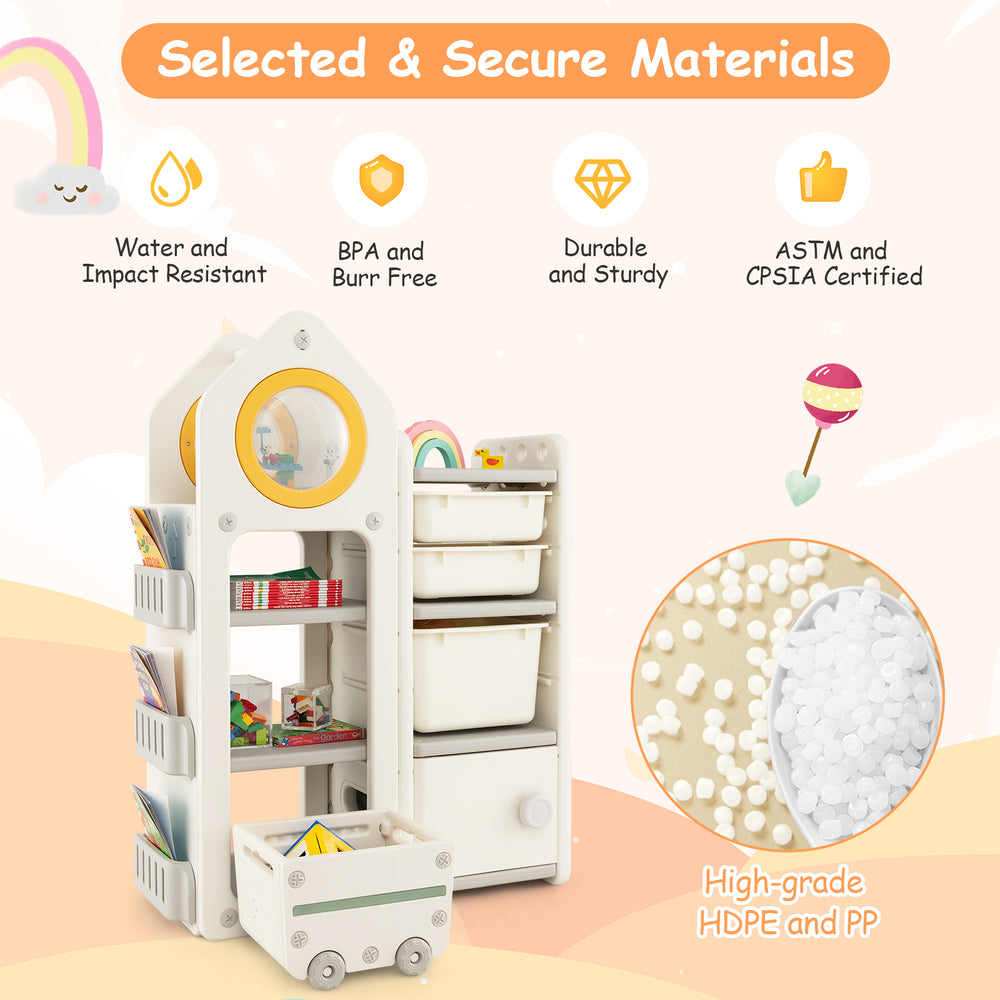 Multipurpose gray toy chest and bookshelf with mobile trolley, featuring BPA-free HDPE and PP materials for kids'.