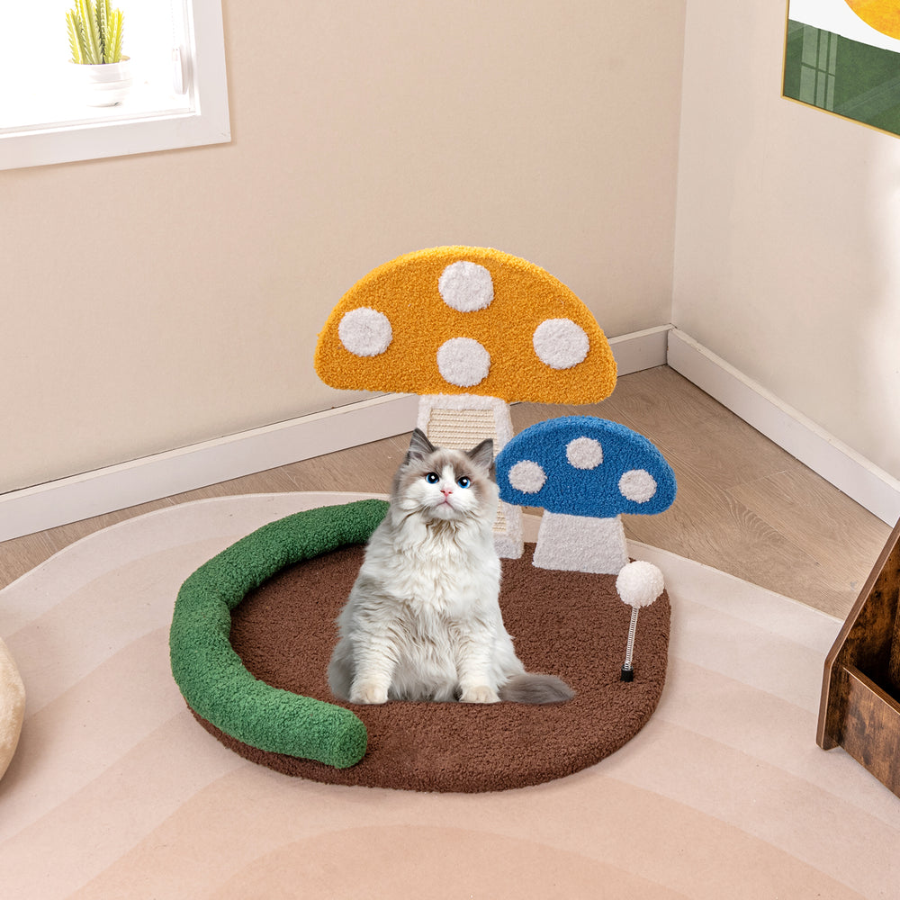 Mushroom cat bed with wide sleeping area, sisal scratch panel, and playful design for comfortable relaxation and fun.